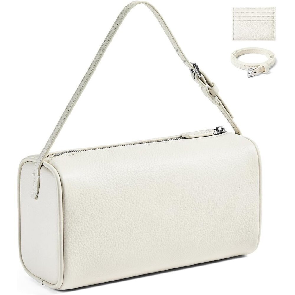 Women White Genuine Calfskin Leather Barrel Crossbody Bag with Adjustable Strap